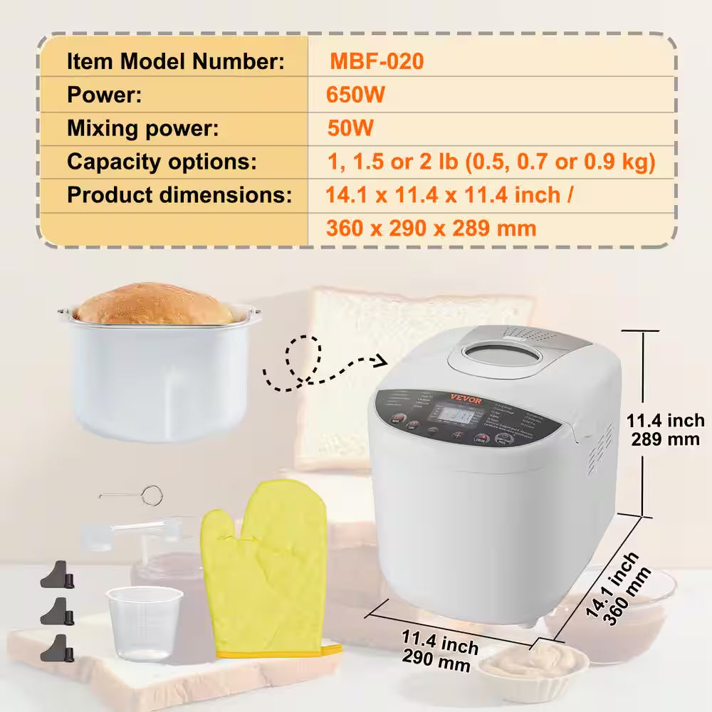 Bread Maker 19-In-1 2 Lbs. Dough Machine Nonstick Ceramic Pan Automatic Bread Maker with Gluten Free Setting White