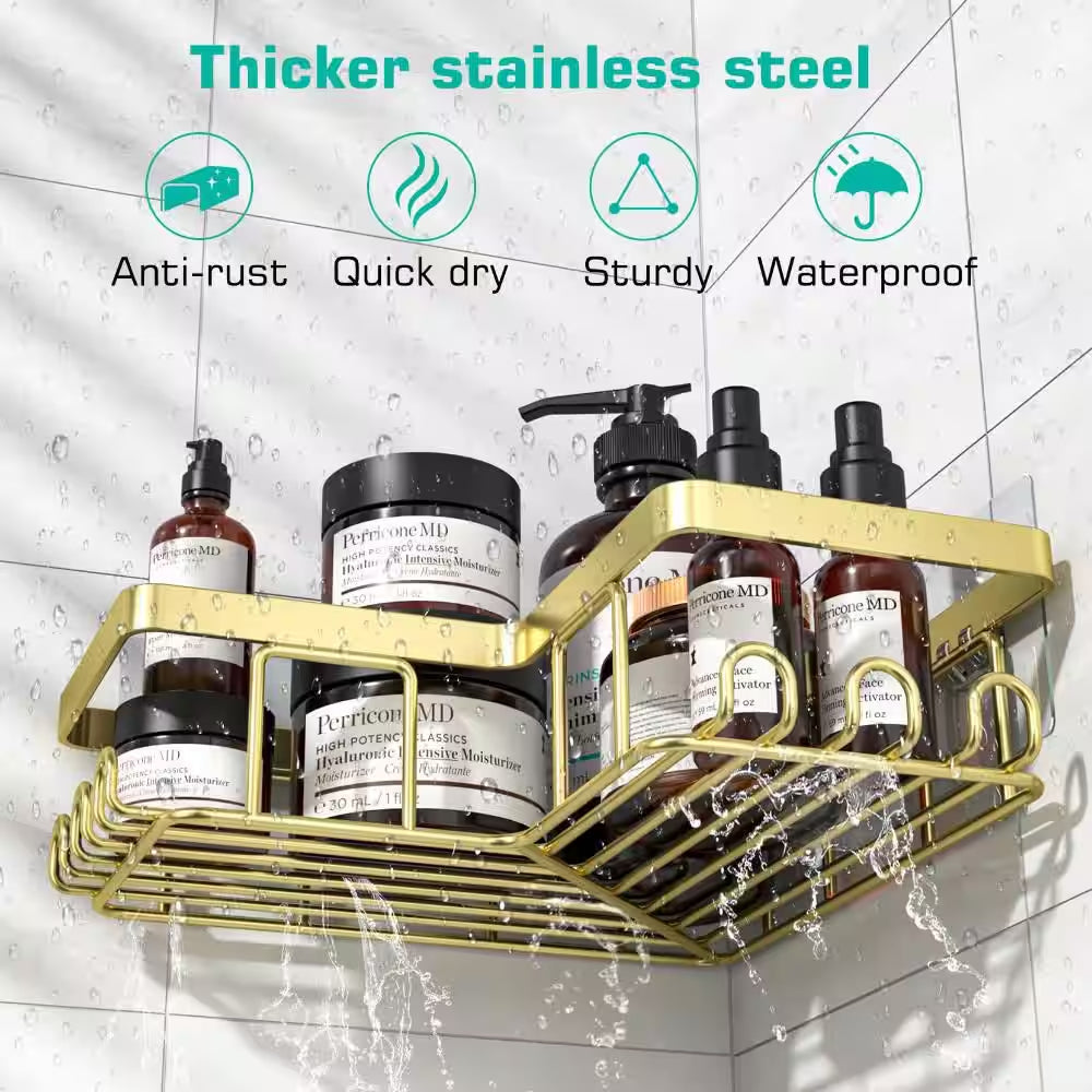 3-Pack Corner Shower Caddy with 1 Soap Holder and 12 Hooks, Stainless Steel Shower Shelves, Wall Mounted, Gold