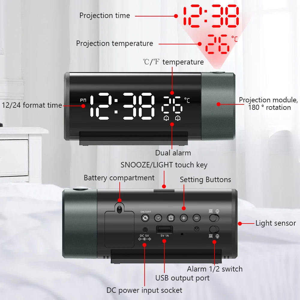 【New】Digital Clock with Clear LED Display 180° Rotatable Projector 4-Level Brightness Dimmer 12/24H Alarm Clock for Bedroom
