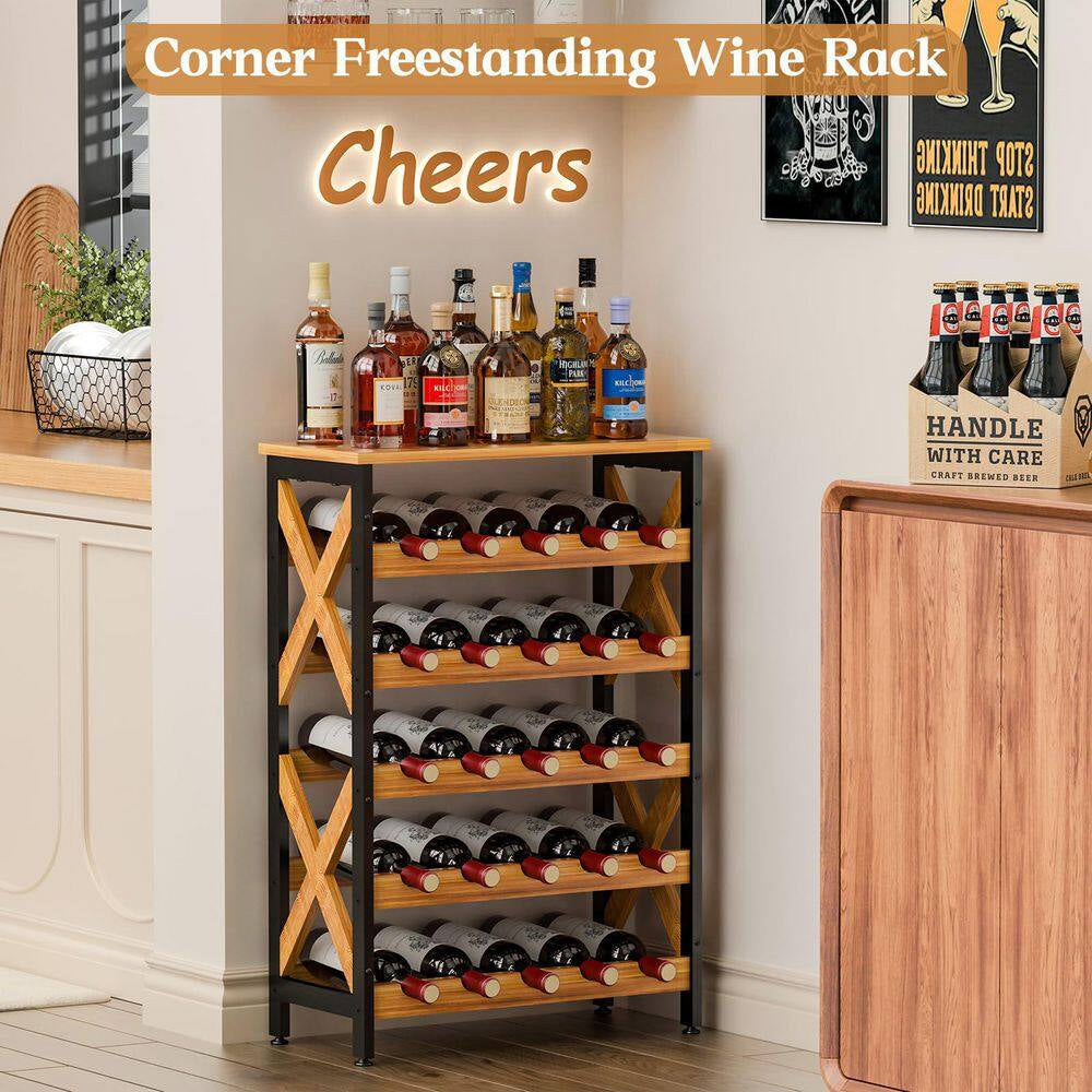 25-Bottle Brown 21.65 In. Wine Rack Freestanding Floor, 5-Tier Wine Display Storage Stand Shelf, Wine Bottle Holder Rack