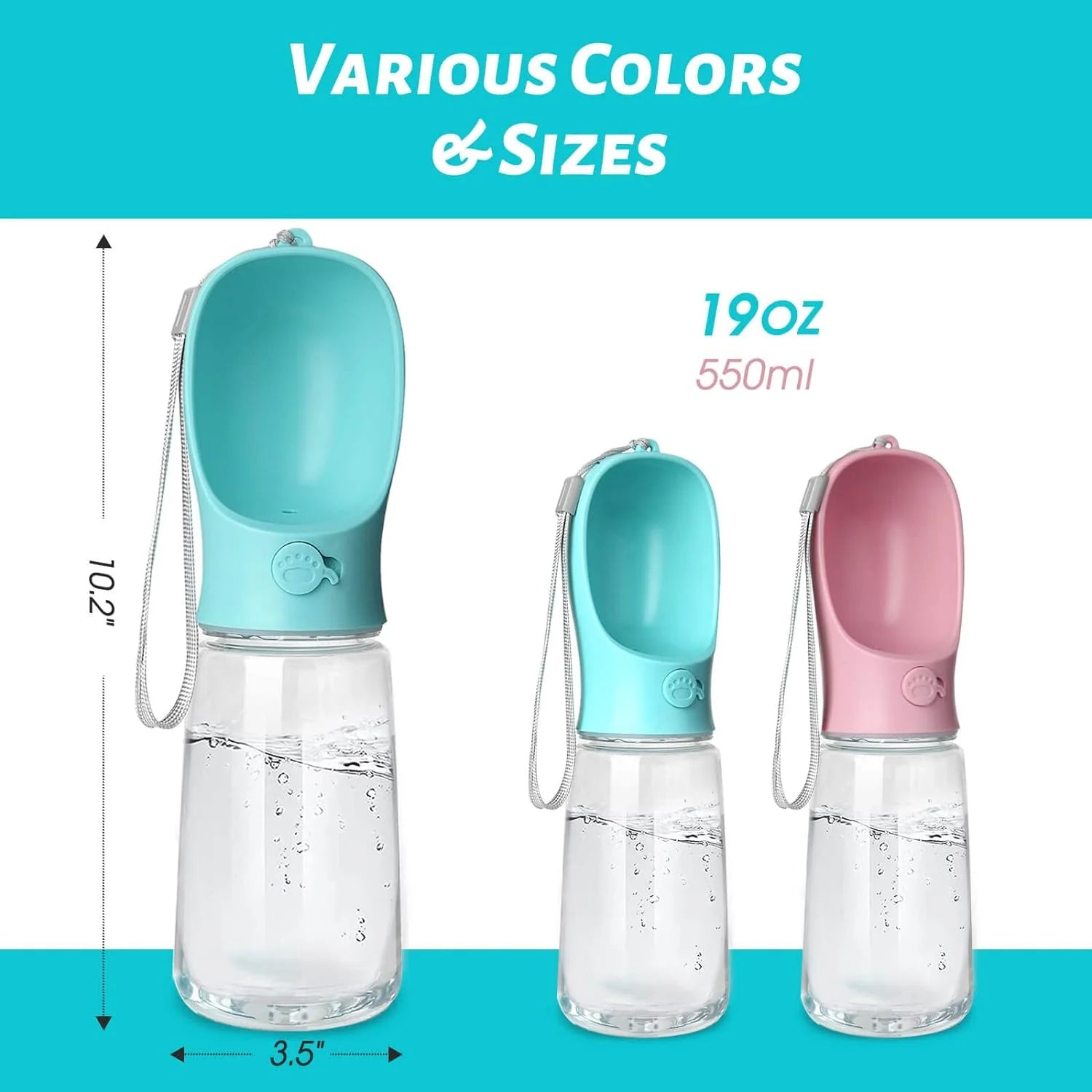10.2*2.7" Dog Water Bottle, 19Oz Leak Proof Portable Puppy Water Dispenser with Drinking Feeder for Pets Outdoor Walking Hiking Travel Food Grade Plastic - Blue