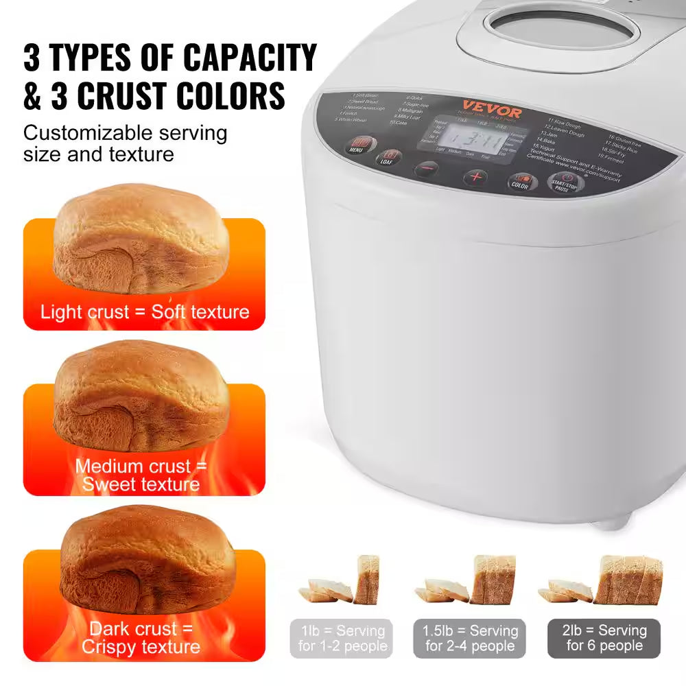 Bread Maker 19-In-1 2 Lbs. Dough Machine Nonstick Ceramic Pan Automatic Bread Maker with Gluten Free Setting White