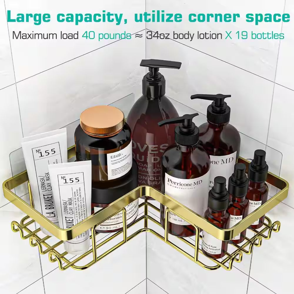 3-Pack Corner Shower Caddy with 1 Soap Holder and 12 Hooks, Stainless Steel Shower Shelves, Wall Mounted, Gold