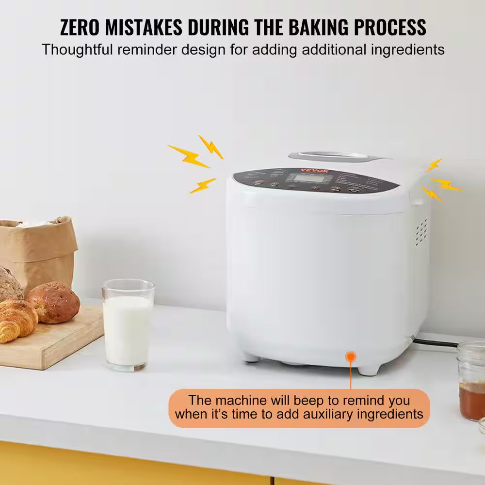Bread Maker 19-In-1 2 Lbs. Dough Machine Nonstick Ceramic Pan Automatic Bread Maker with Gluten Free Setting White