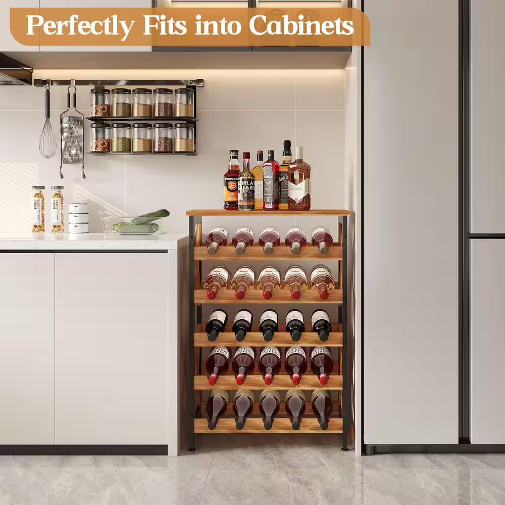 25-Bottle Brown 21.65 In. Wine Rack Freestanding Floor, 5-Tier Wine Display Storage Stand Shelf, Wine Bottle Holder Rack