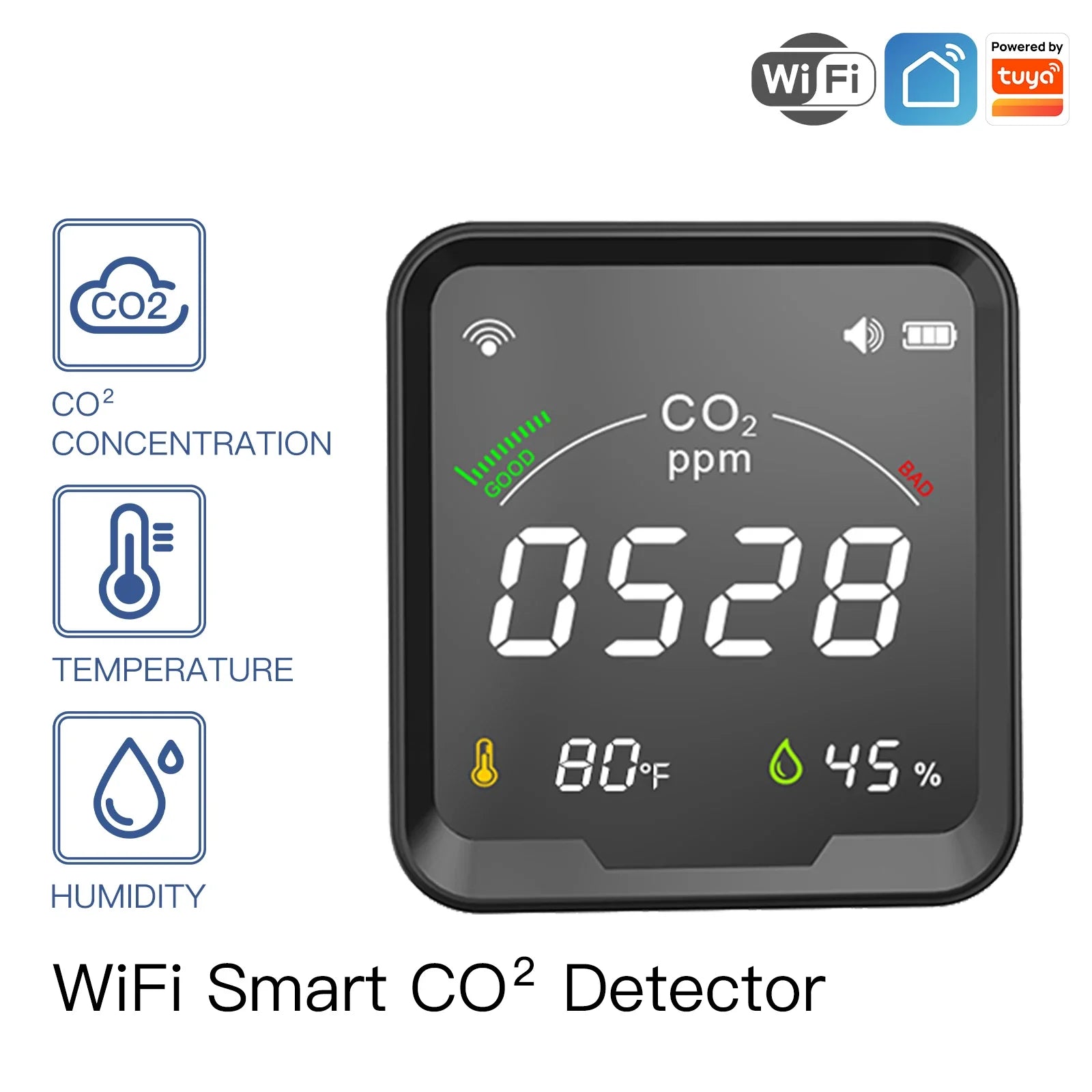 MOES Air Quality Carbon Dioxide Detector with Alarm Clock,Temperature Monitor,Humidity Air Tester,Wifi/Bt,Tuya Smart,3 in 1,CO2