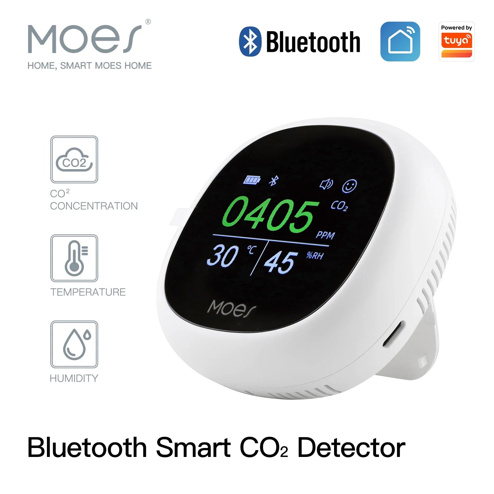 MOES Air Quality Carbon Dioxide Detector with Alarm Clock,Temperature Monitor,Humidity Air Tester,Wifi/Bt,Tuya Smart,3 in 1,CO2