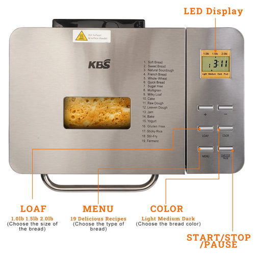 19-In-1 2LB Bread Maker Machine Fully Automatic LCD Display，Stainless Steel Model# 013