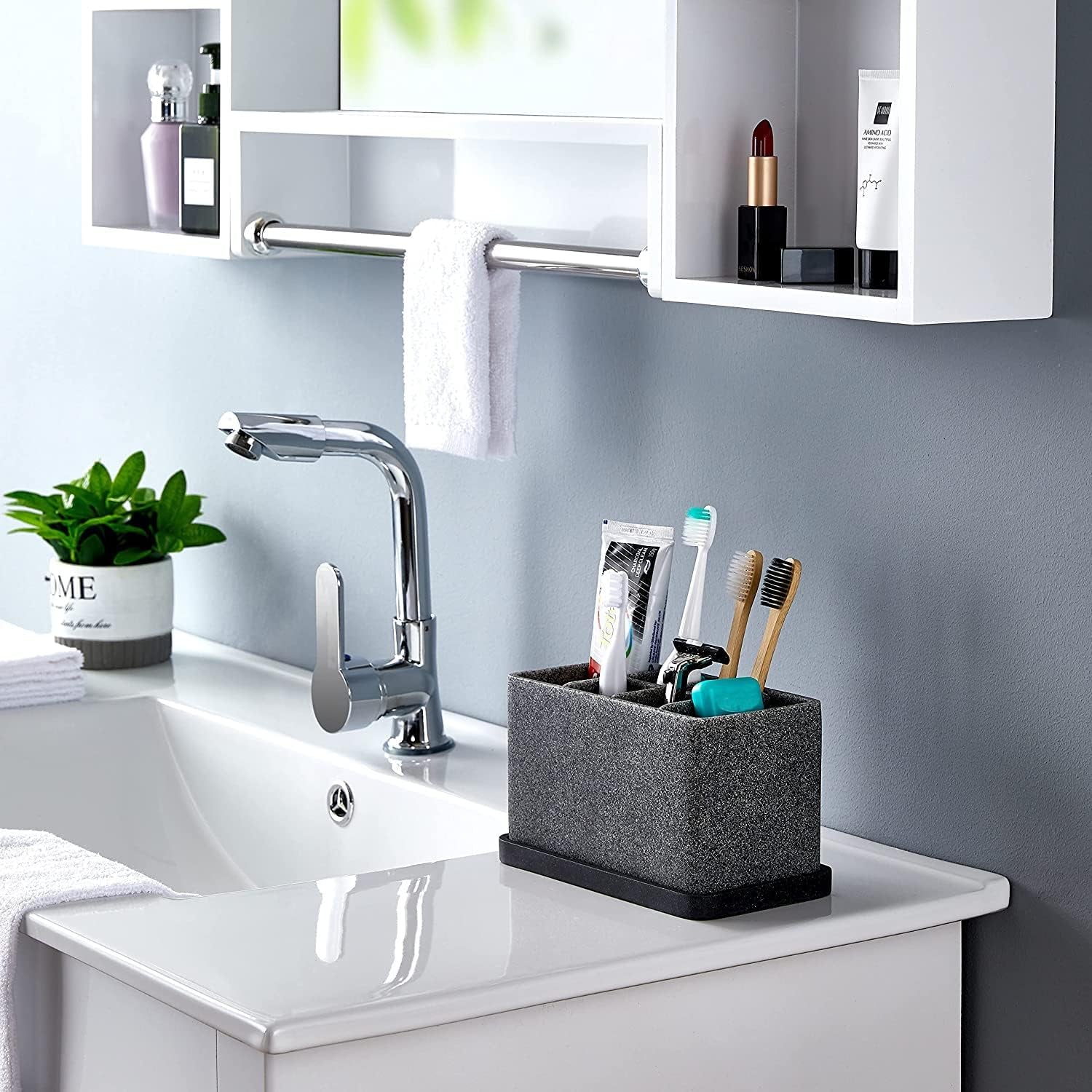Toothbrush Holder, 6-Slot Bathroom Organizer for Countertop Storage, Holds Toothpaste, Dental Floss, Razor, Comb, Makeup Brushes, and More, Compact Tooth Brushing Stand for Efficient Organization