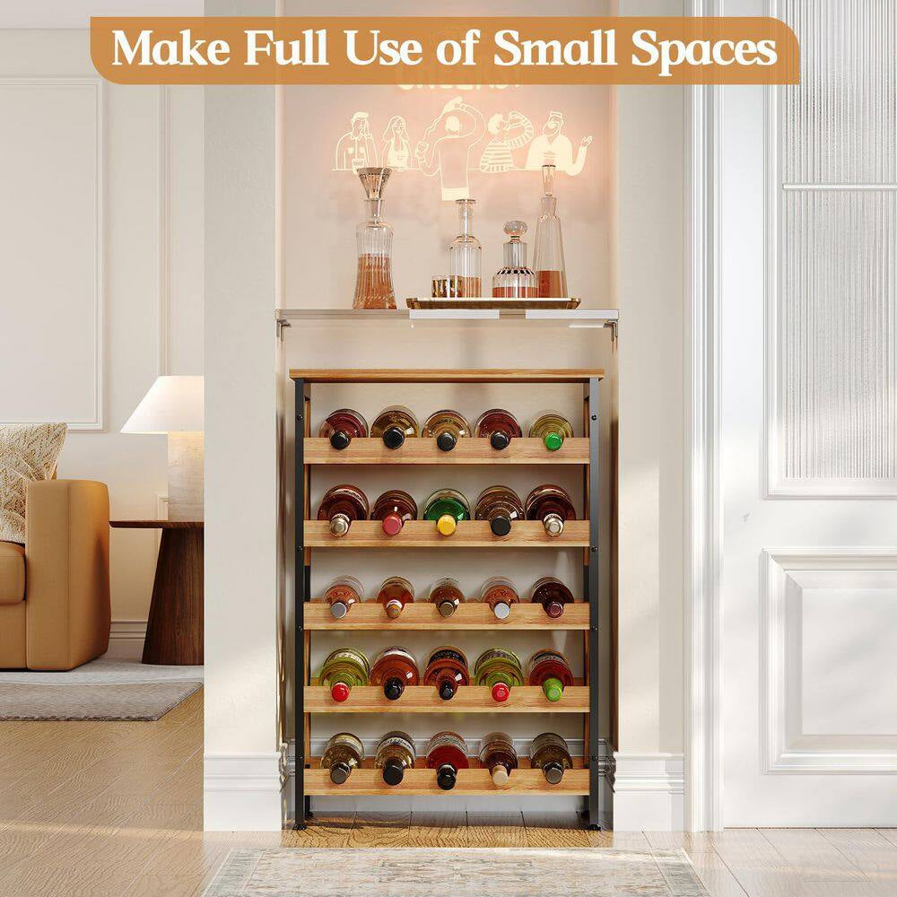 25-Bottle Brown 21.65 In. Wine Rack Freestanding Floor, 5-Tier Wine Display Storage Stand Shelf, Wine Bottle Holder Rack