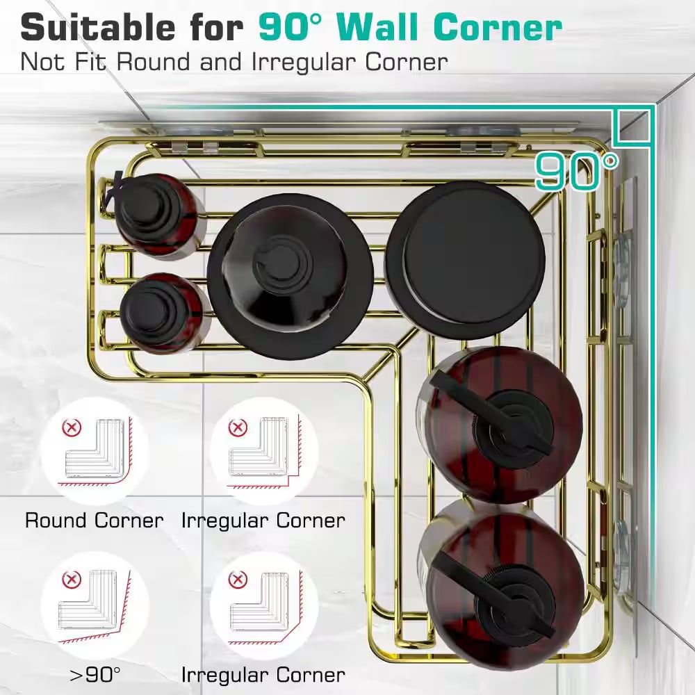 3-Pack Corner Shower Caddy with 1 Soap Holder and 12 Hooks, Stainless Steel Shower Shelves, Wall Mounted, Gold