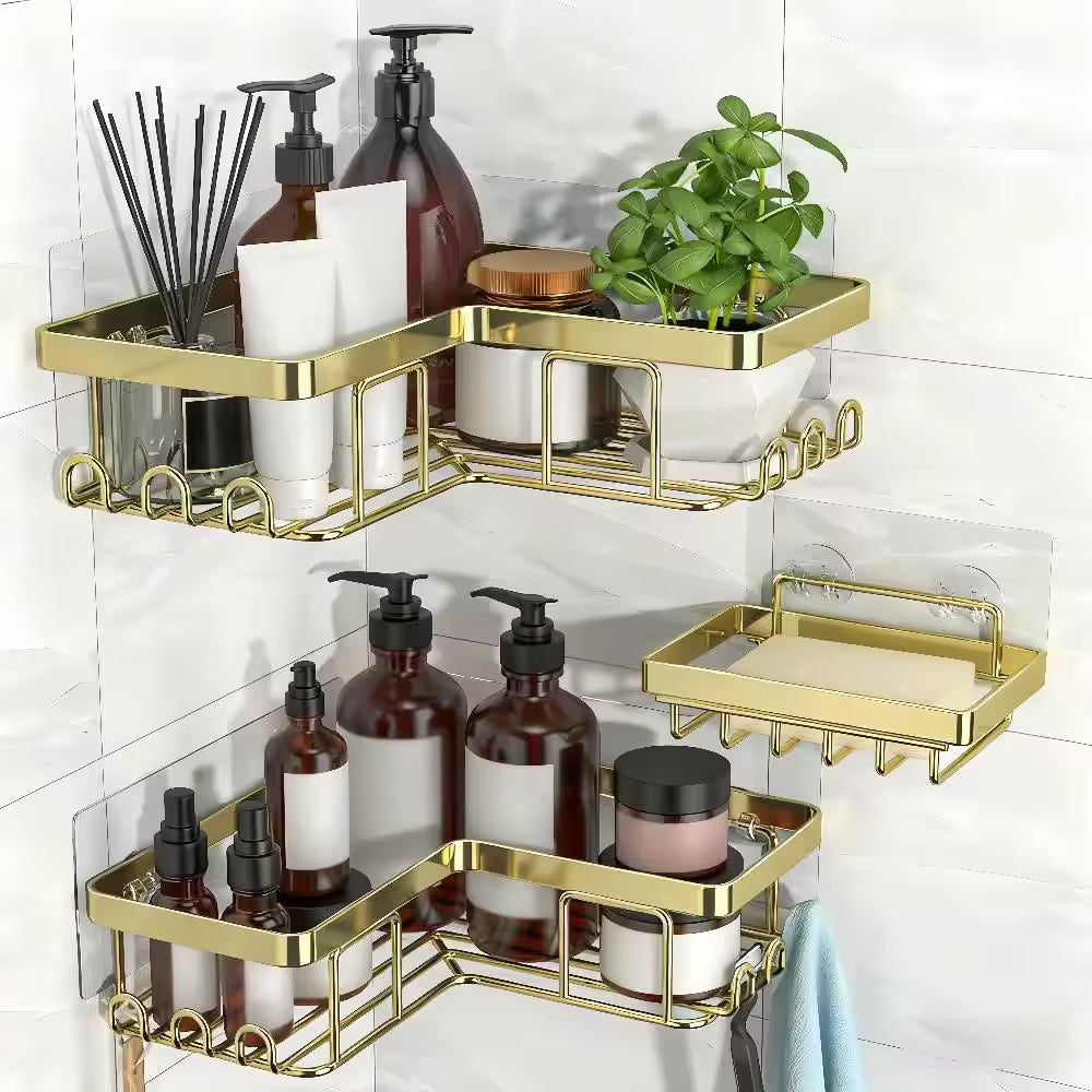 3-Pack Corner Shower Caddy with 1 Soap Holder and 12 Hooks, Stainless Steel Shower Shelves, Wall Mounted, Gold