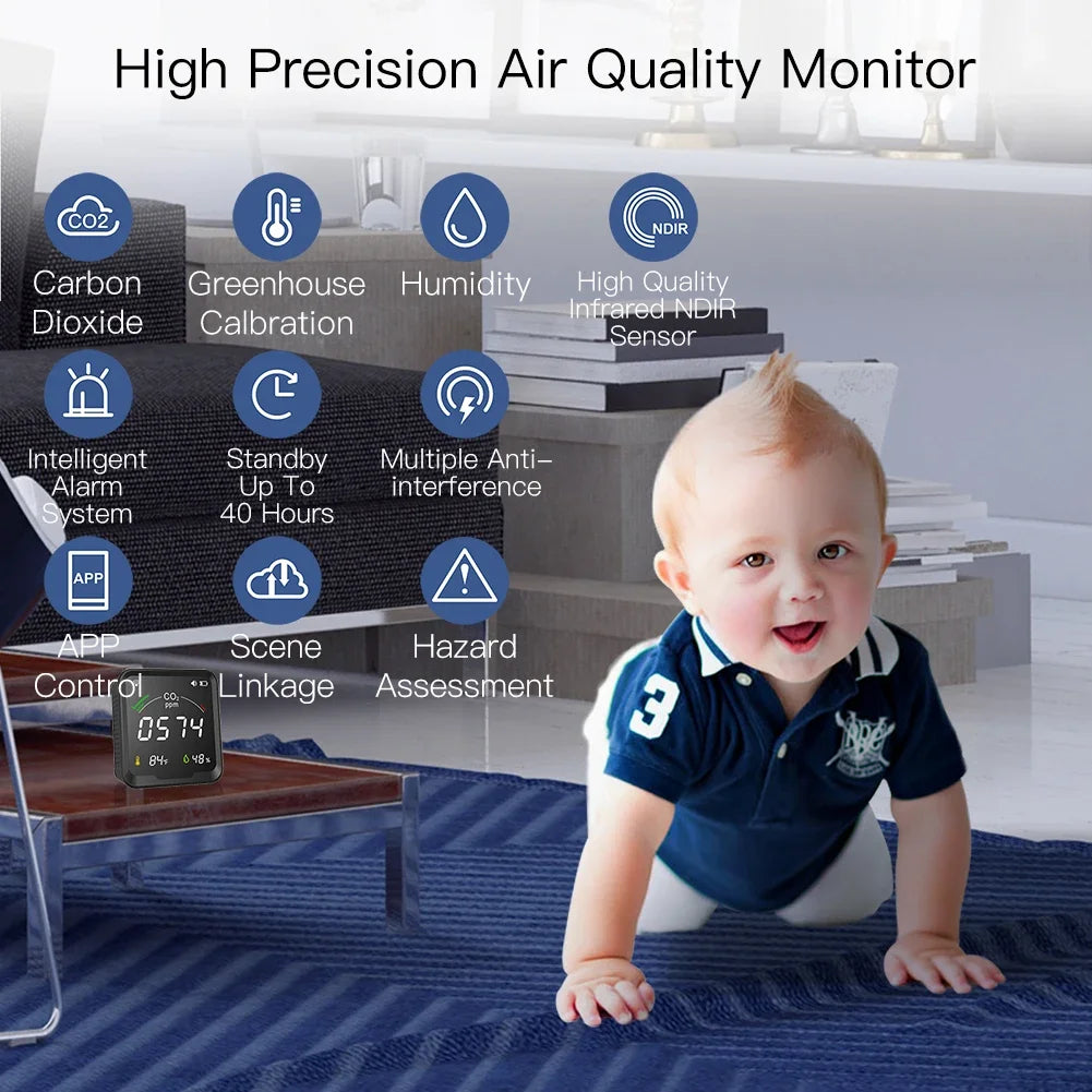 MOES Air Quality Carbon Dioxide Detector with Alarm Clock,Temperature Monitor,Humidity Air Tester,Wifi/Bt,Tuya Smart,3 in 1,CO2