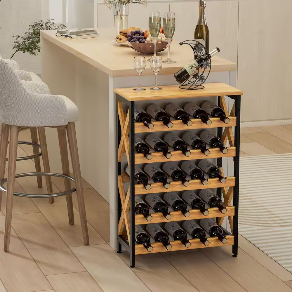 25-Bottle Brown 21.65 In. Wine Rack Freestanding Floor, 5-Tier Wine Display Storage Stand Shelf, Wine Bottle Holder Rack