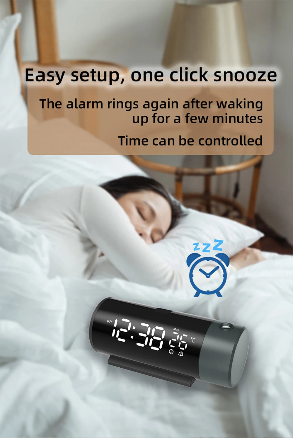 【New】Digital Clock with Clear LED Display 180° Rotatable Projector 4-Level Brightness Dimmer 12/24H Alarm Clock for Bedroom