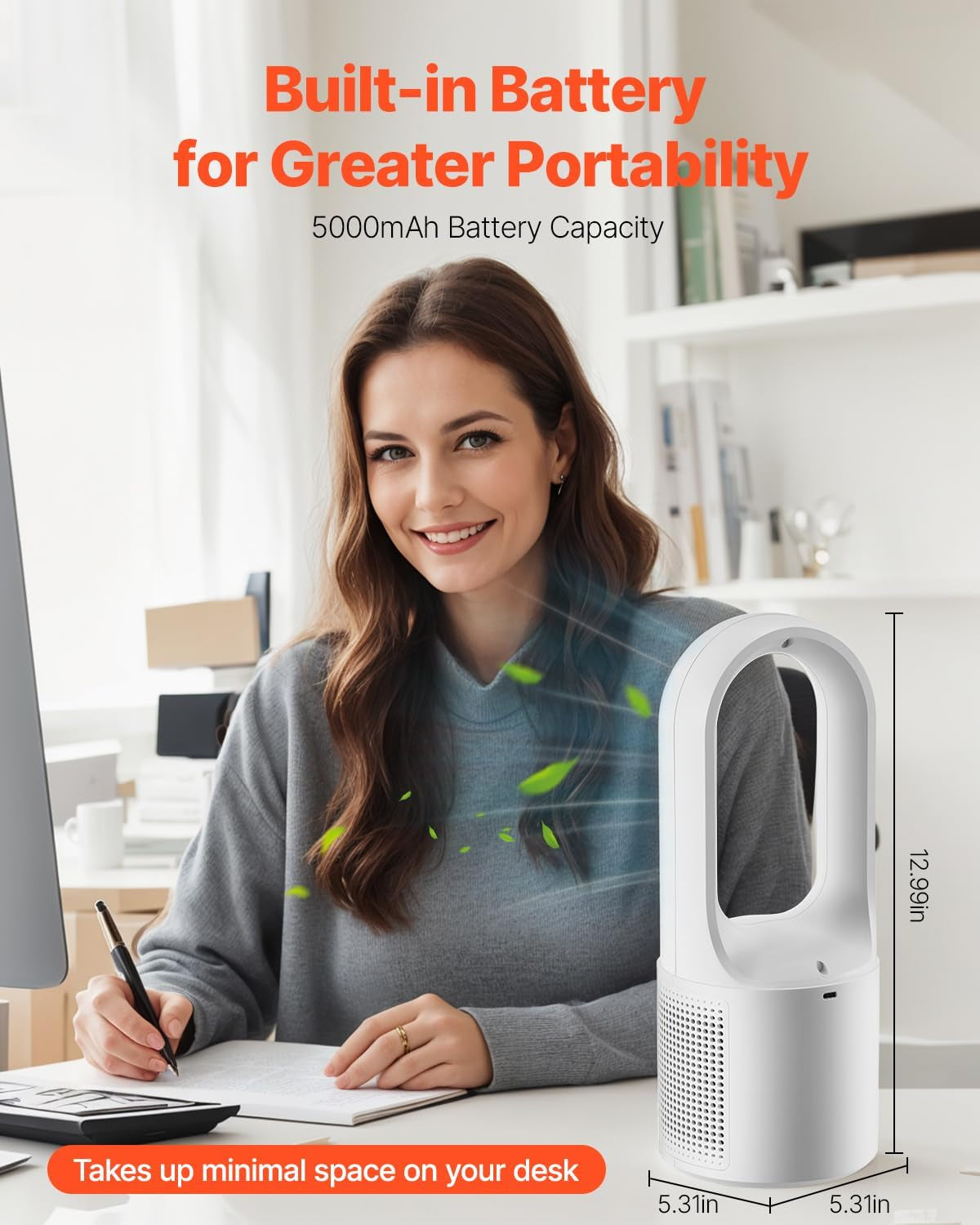 Bladeless Portable Desk Fan - 12.99 Inch, 6-Speed USB, Ultra Quiet Cooling Solution