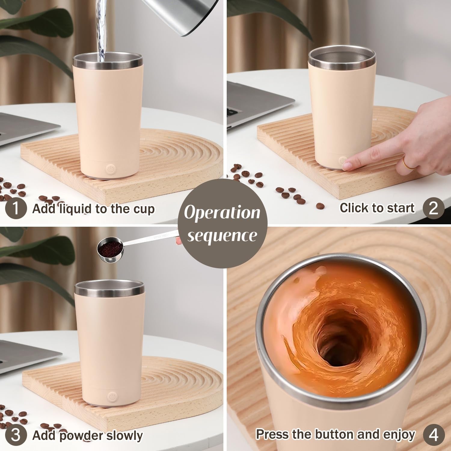 Self Stirring Coffee Mug with Lid Electric High Speed Self Stirring Mug 400Ml Rechargeable Detachable Stainless Steel Self Stirring Cup for Coffee, Milk, Cocoa Christmas Gift(Apricot)