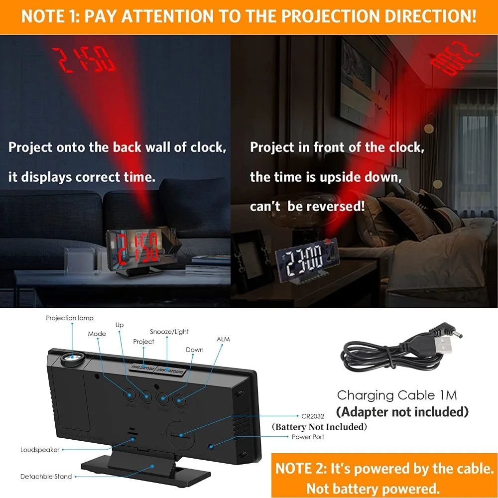 180° Arm Projection Alarm Clock Time Temperature USB Plug-In Digital Alarm Clock Snooze Table Clock 12/24H Projector LED Clock