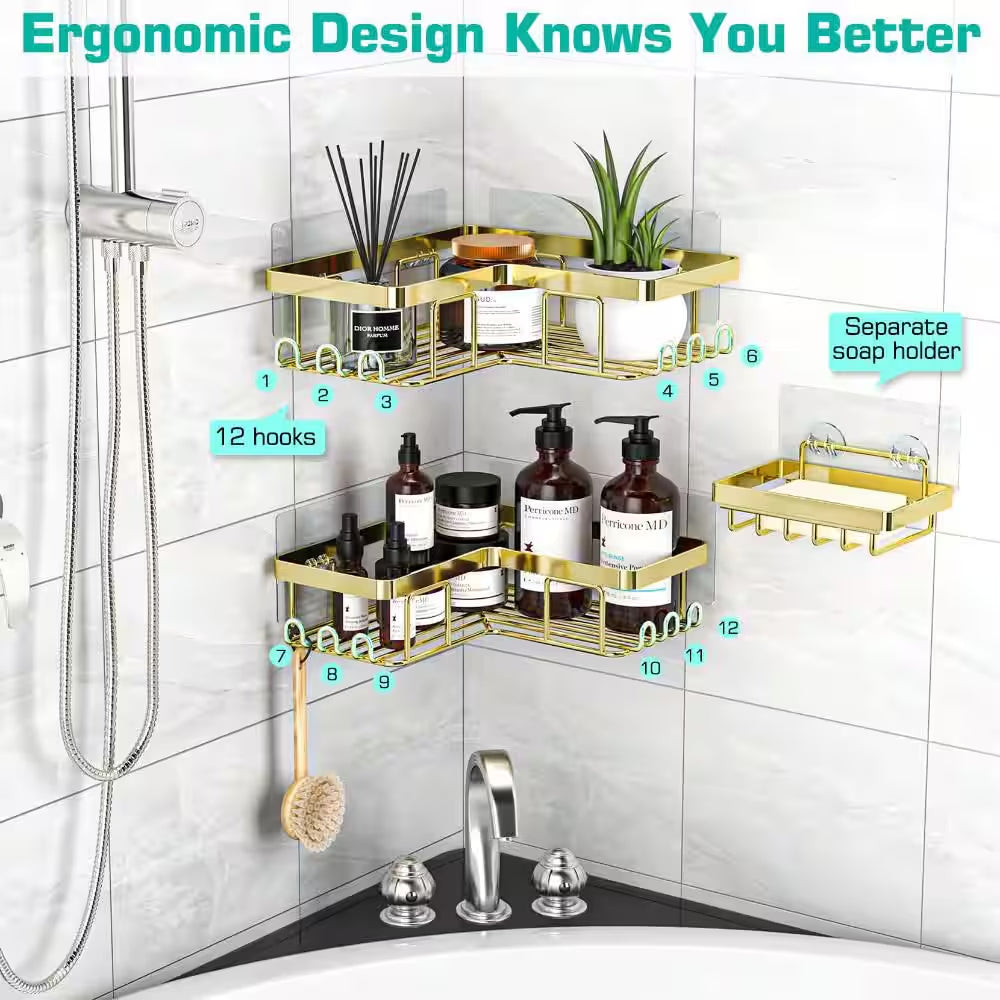 3-Pack Corner Shower Caddy with 1 Soap Holder and 12 Hooks, Stainless Steel Shower Shelves, Wall Mounted, Gold
