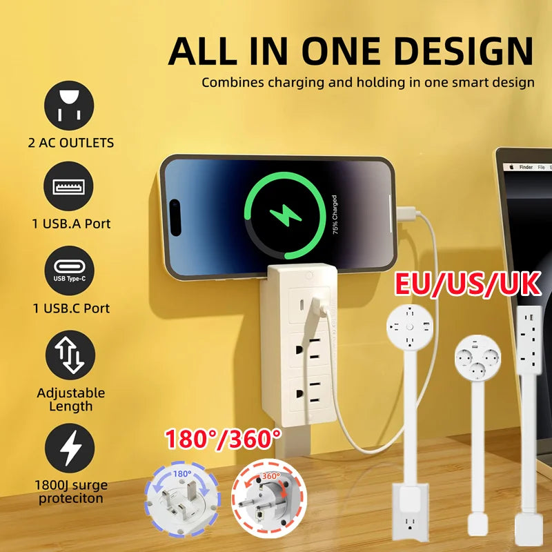 Retractable Socket Rotates Electrical Outlet Extender Charging Extension Power Socket Strip Socket Extender for Sofa Table