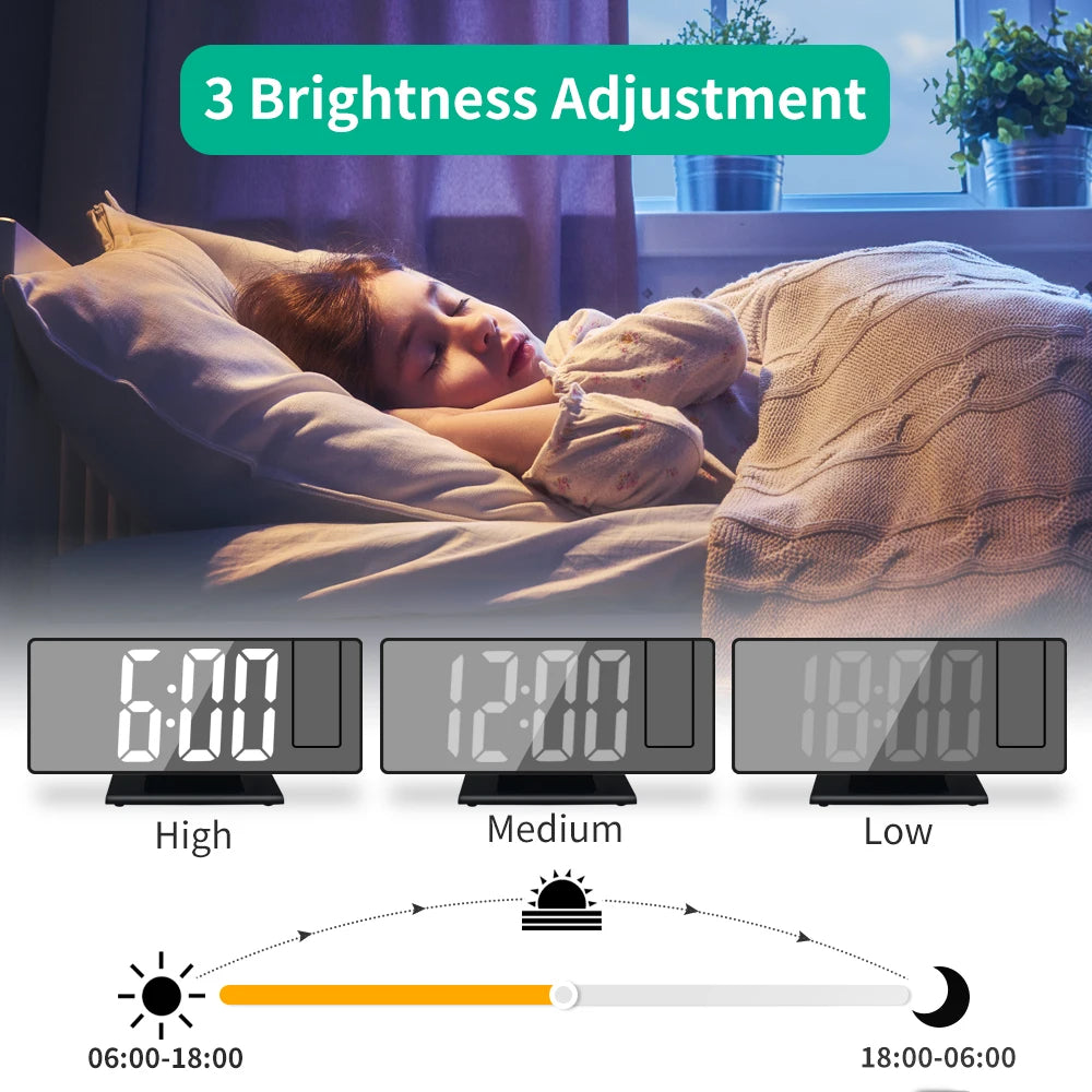 180° Arm Projection Alarm Clock Time Temperature USB Plug-In Digital Alarm Clock Snooze Table Clock 12/24H Projector LED Clock