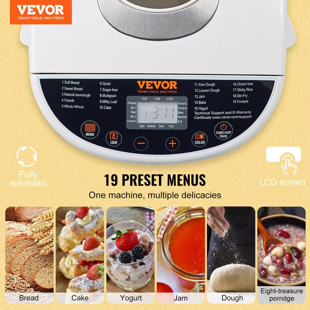 Bread Maker 19-In-1 2 Lbs. Dough Machine Nonstick Ceramic Pan Automatic Bread Maker with Gluten Free Setting White