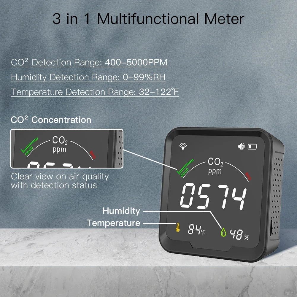 MOES Air Quality Carbon Dioxide Detector with Alarm Clock,Temperature Monitor,Humidity Air Tester,Wifi/Bt,Tuya Smart,3 in 1,CO2
