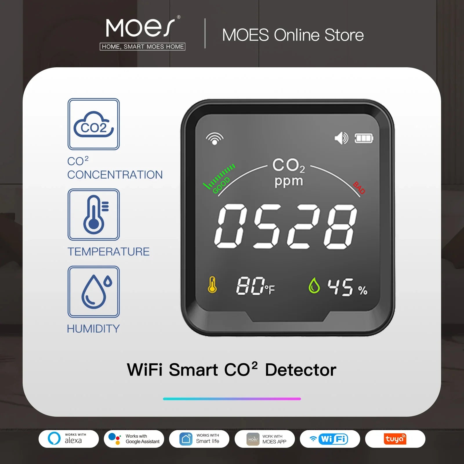 MOES Air Quality Carbon Dioxide Detector with Alarm Clock,Temperature Monitor,Humidity Air Tester,Wifi/Bt,Tuya Smart,3 in 1,CO2