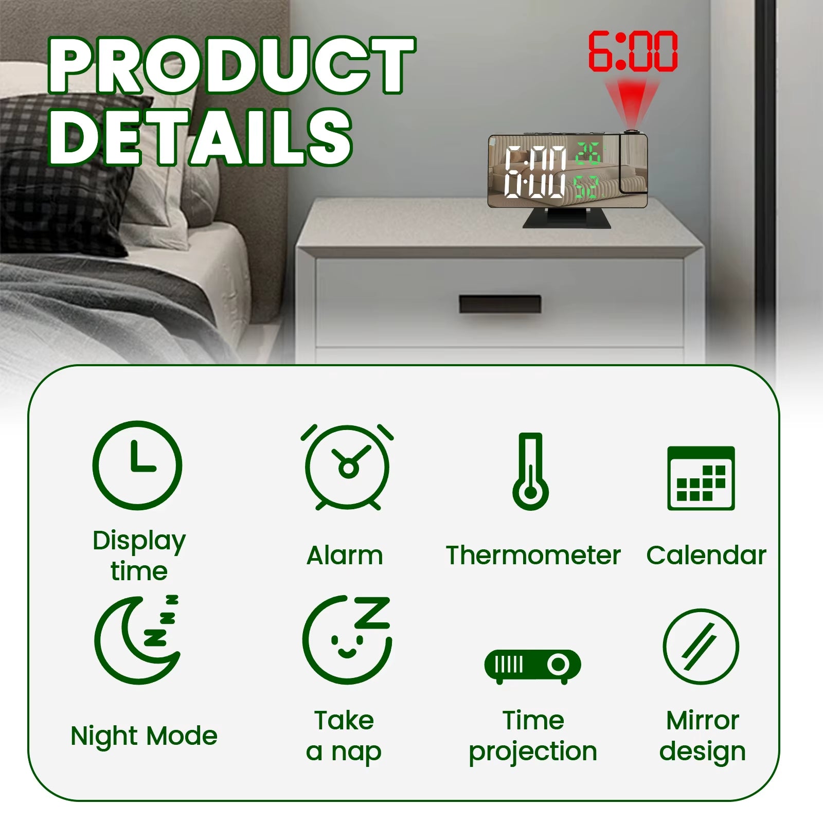 LED Digital Alarm Clock Projection Clock with 180°Rotatable Projector Mirror Large Screen Projection Clock for Home Office Table