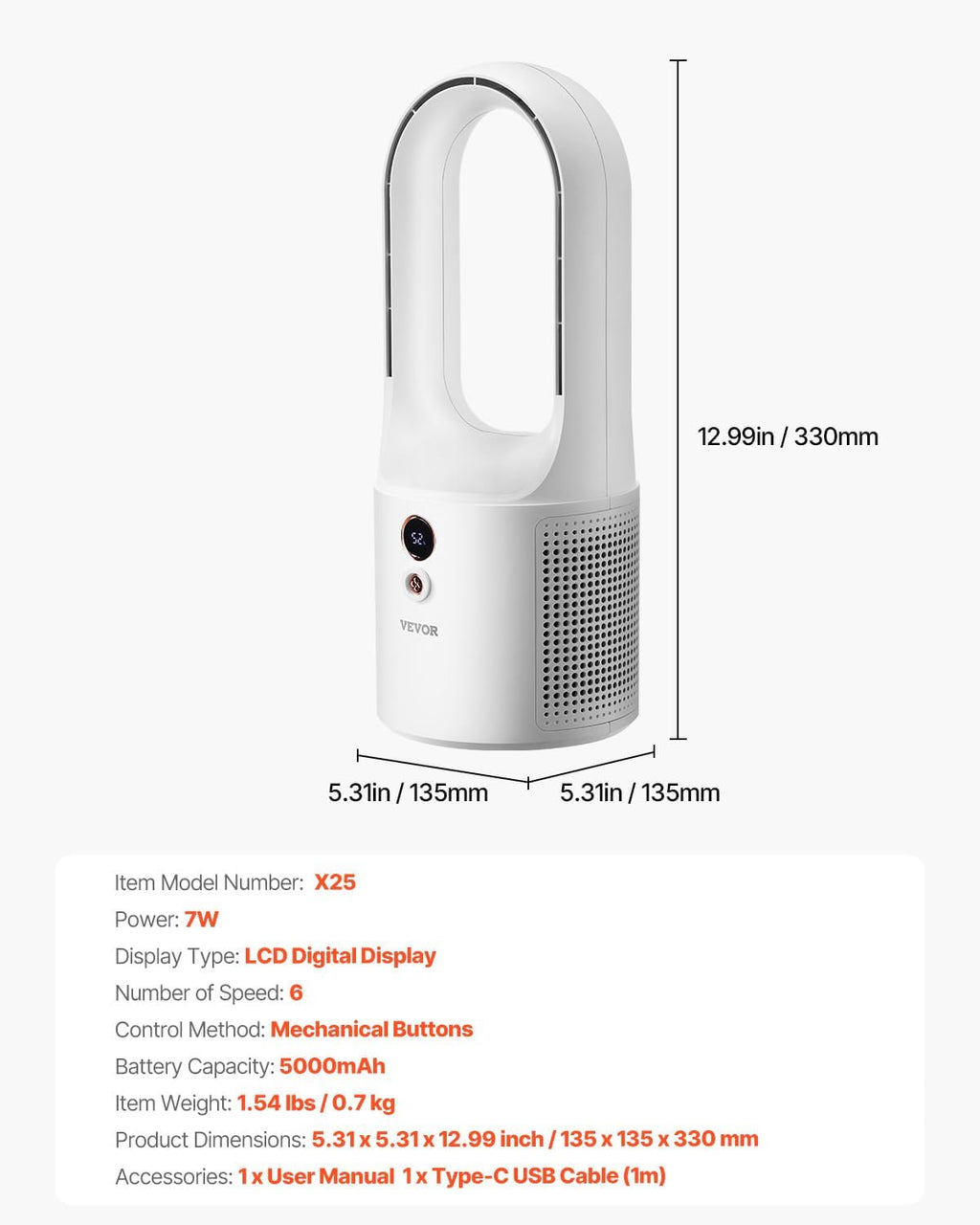 Bladeless Portable Desk Fan - 12.99 Inch, 6-Speed USB, Ultra Quiet Cooling Solution