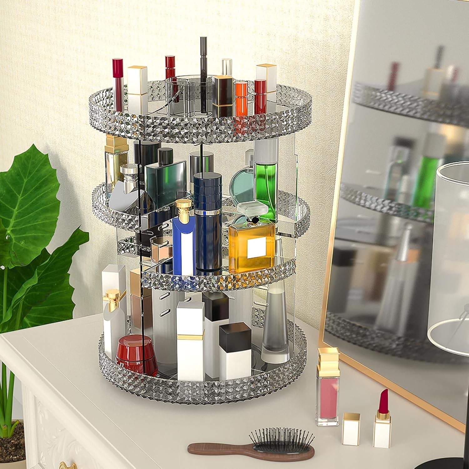 360 Degree Rotating Makeup Organizer, Extra Large Capacity Cosmetic Storage Unit, Removable DIY 7 Layers Skincare Organizer, Acrylic Beauty Perfume Organizer for Vanity Countertop (Gray)
