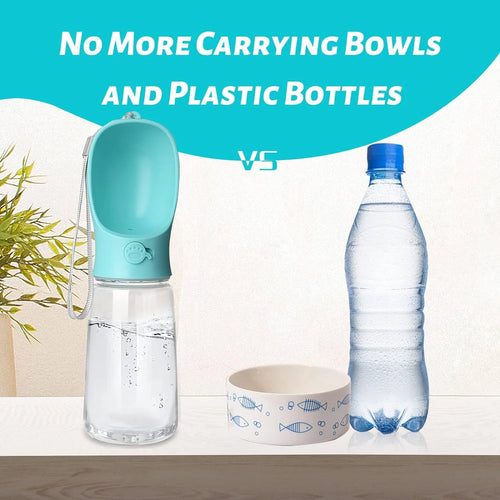 10.2*2.7" Dog Water Bottle, 19Oz Leak Proof Portable Puppy Water Dispenser with Drinking Feeder for Pets Outdoor Walking Hiking Travel Food Grade Plastic - Blue