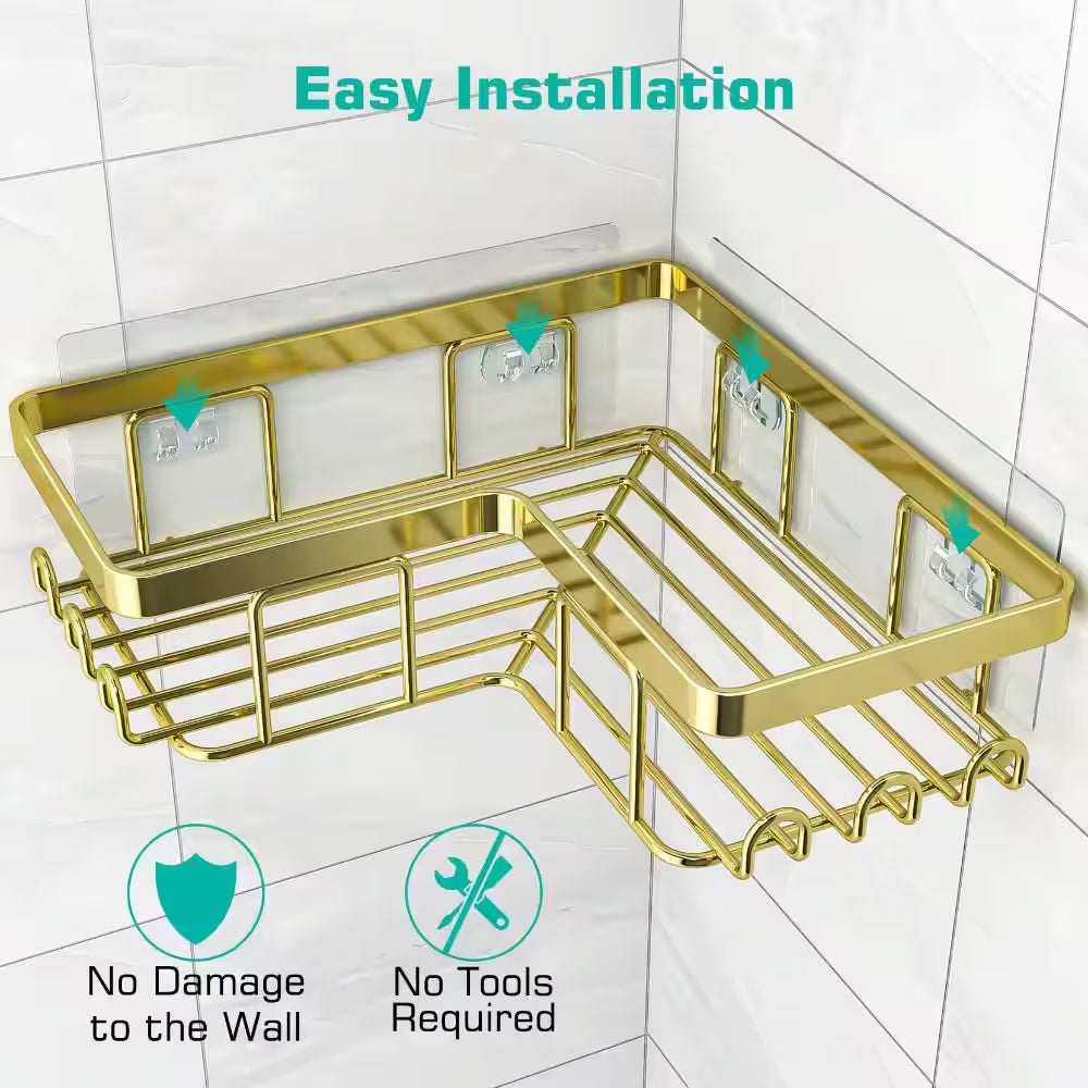 3-Pack Corner Shower Caddy with 1 Soap Holder and 12 Hooks, Stainless Steel Shower Shelves, Wall Mounted, Gold