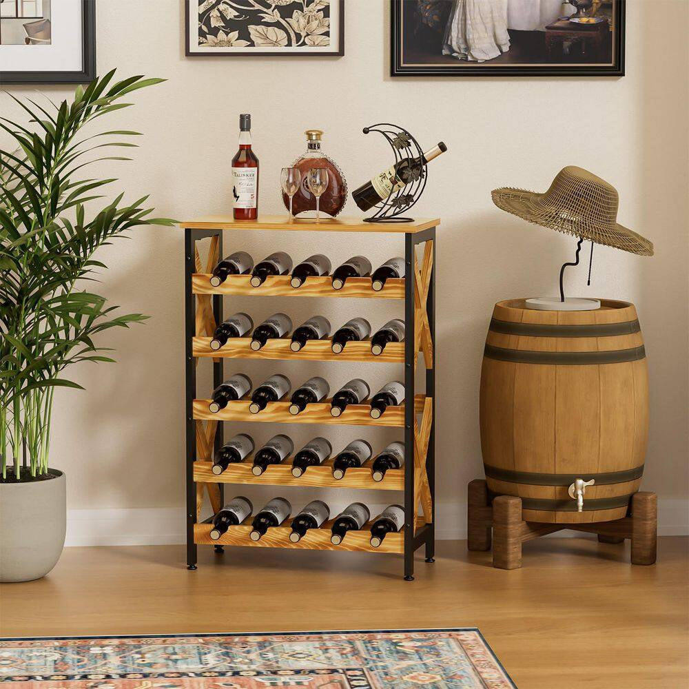 25-Bottle Brown 21.65 In. Wine Rack Freestanding Floor, 5-Tier Wine Display Storage Stand Shelf, Wine Bottle Holder Rack