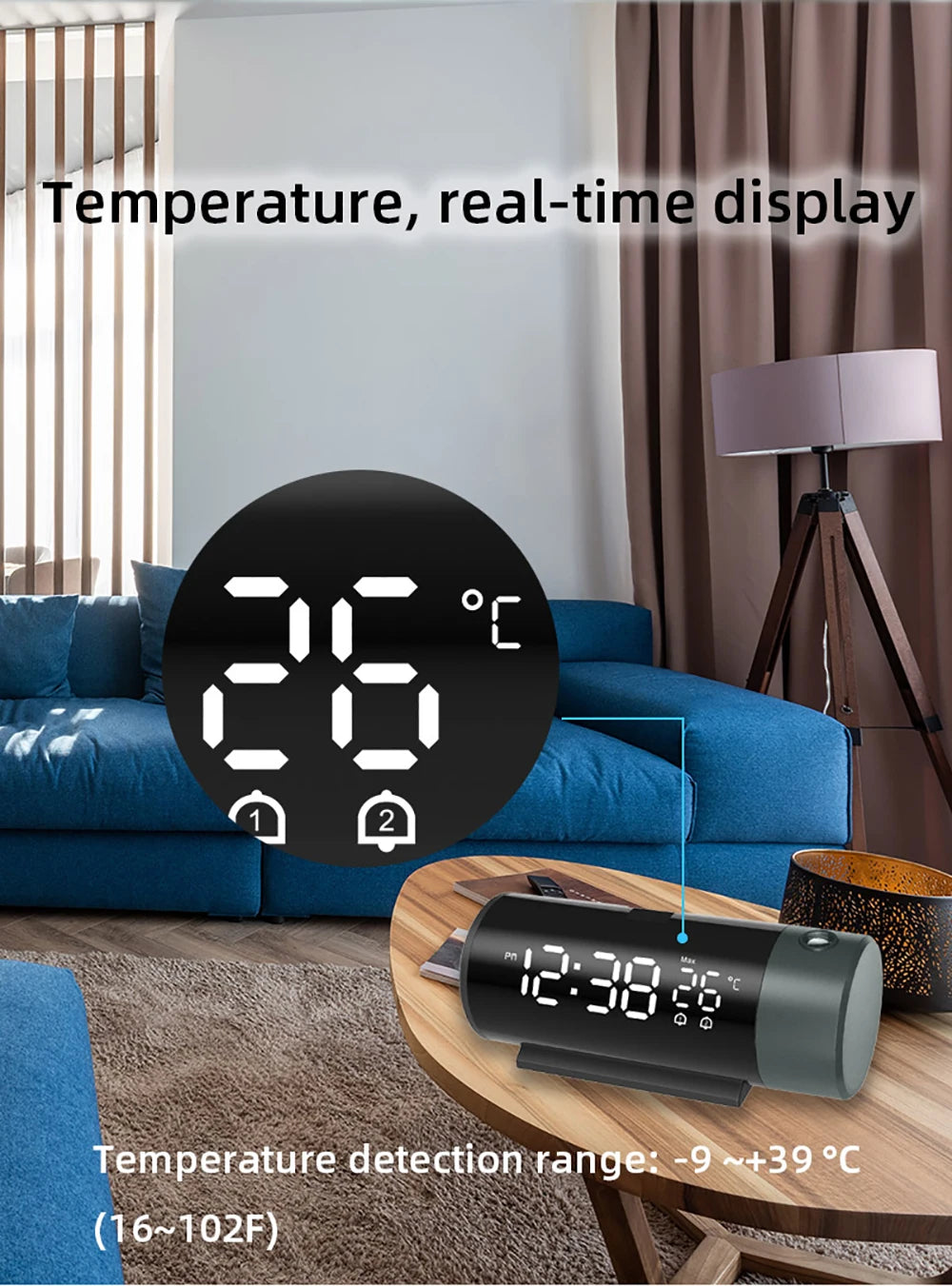 【New】Digital Clock with Clear LED Display 180° Rotatable Projector 4-Level Brightness Dimmer 12/24H Alarm Clock for Bedroom