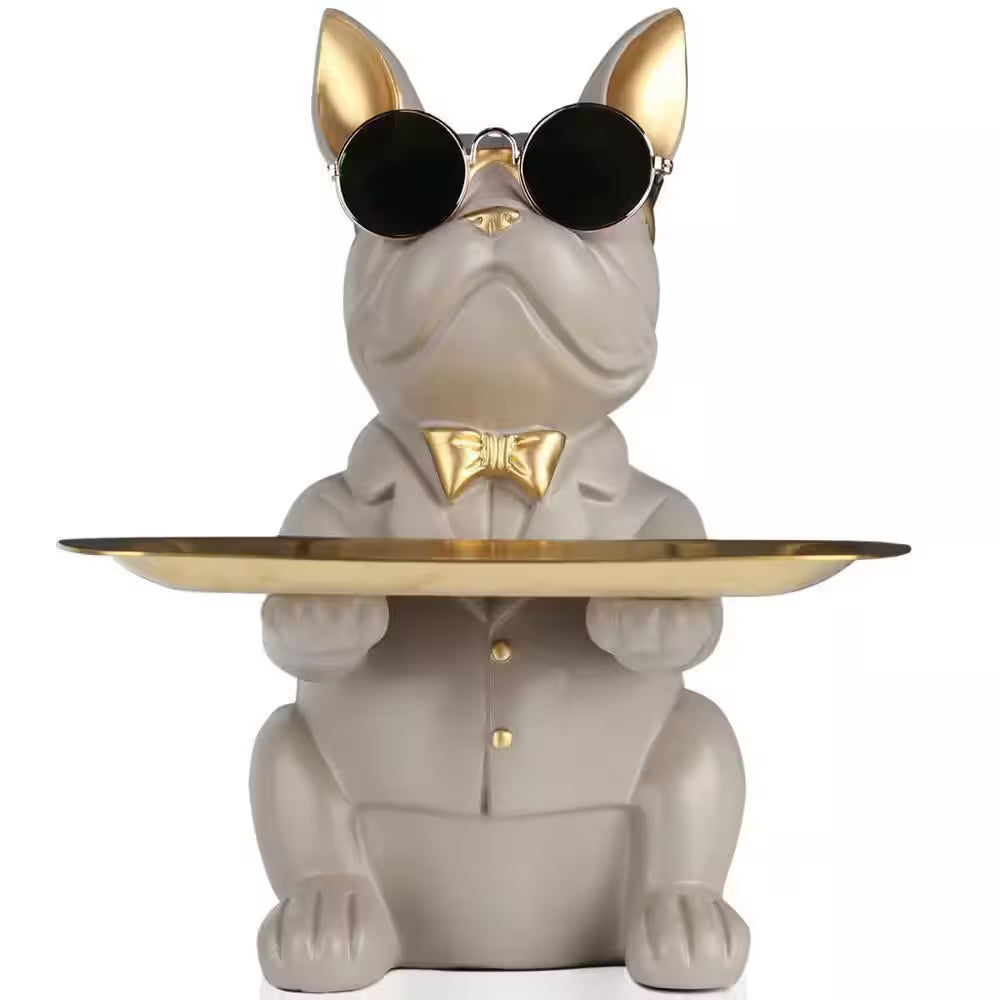 Gray Modern Decor Resin Bulldog Tray Statue, Piggy Bank Tray, Entrance Key Holder, Candy Jewelry Earrings Tray