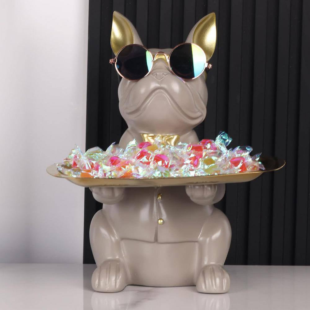 Gray Modern Decor Resin Bulldog Tray Statue, Piggy Bank Tray, Entrance Key Holder, Candy Jewelry Earrings Tray
